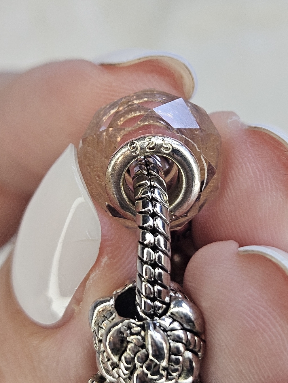 925 Sterling Silver Bracelet with Pink Crystal Beads and Charms - Picture 3 of 3